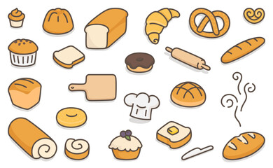 many kinds of bread kawaii doodle flat cartoon vector illustration