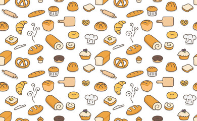 many kinds of bread seamless pattern Gift Wrap wallpaper background kawaii doodle flat cartoon vector illustration