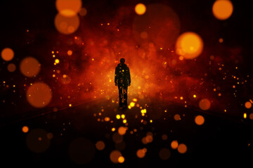 Silhouette of a man at dangerous night road with fire flames and sparks.