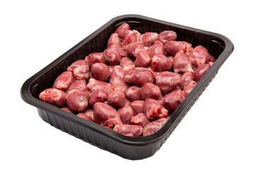 Raw rabbit heart meat in a plastic container. Isolated.