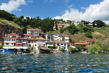 Fototapeta na wymiar Water front of Ohrid, Macedonia. Photo taken from the lake.