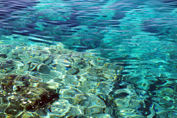 Fototapeta na wymiar Clear turquoise blue water with ripples. Background with copy space.