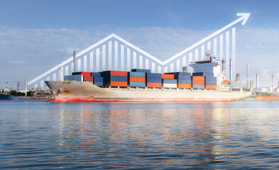 Cargo ship, cargo container at dock, port or harbour. Freight transport with up arrow, increase graph or bar chart. Concept for import export business, growth market, trade, profit and demand supply.
