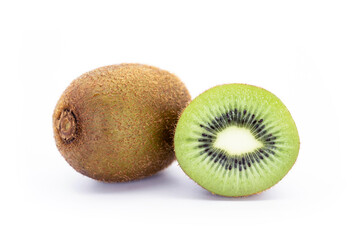 Obraz premium Ripe whole kiwi fruit and cut in half isolated on white background.