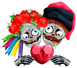 Two skulls with candy. Girl and boy in national costumes. One character has a wreath of flowers on his head. The second hat. Heart shaped candy cane. 