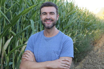 Naklejka na ściany i meble Farmer in beautiful corn fields
