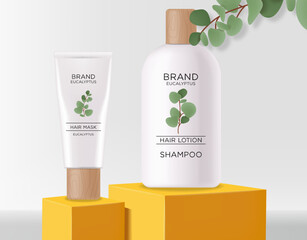 Realistic eucalyptus cosmetics set, beauty lotion bottle cosmetics, eucayptus design, treatment cosmetics collection vector, beauty cosmetics on eucalyptus background, bio product mockup