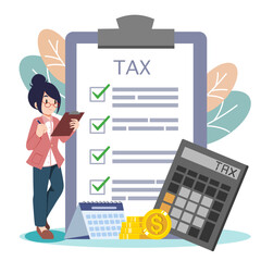 Checklist tax payment on clipboard paper. calculator, coins, calendar.State government taxation concept.Vector isolated concept metaphor illustration.