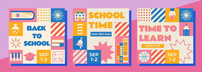 Set of templates Back to school. Pastel, soft colors that will not leave anyone indifferent. People will definitely pay attention to this design. You can use it as an invitation, advertisement, poster - obrazy, fototapety, plakaty