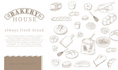 Vintage bread menu design template, cookies and bread doodle sketch. Bakery hand drawn poster. Baking, bakery shop, cooking, sweet products, dessert, pastry.