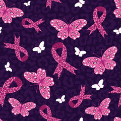 Leopard Print Pink Ribbons and Butterflies Breast Cancer Awareness Pattern - 521260717