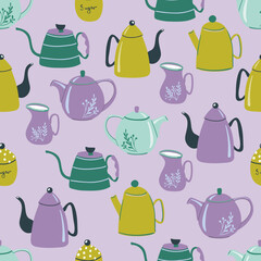 Seamless pattern with hand drawn teapots and kettles. Kitchen crockery for tea and coffee. Colorful flat style vector background  for fabric, wrapping, menu and cafe decor.
