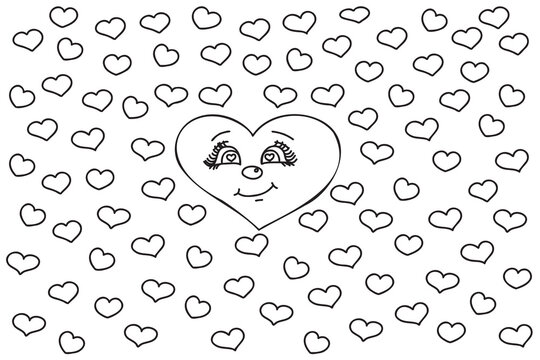 drawn with a heart face surrounded by small hearts intended for the holiday of love, Valentine, March 8, cards, prints and other occasions.