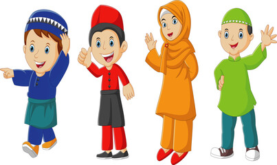 Collection of cartoon Muslim girls and boys on illustration on a white background. Vector illustration