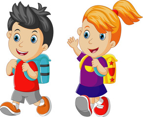 Boy and girl are walking carrying bags. Vector illustration