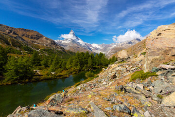 Fototapeta na wymiar Beautiful landscape in the Swiss Alps in summer, with Matterhorn in the background