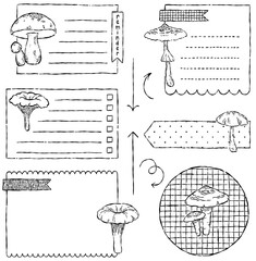 Digital note papers and stickers for digital bullet journaling or planning. Hand-drawn vector mushrooms set. Line art. Ready to use blank sticky notes.