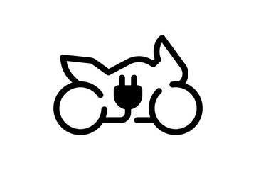 Electric sportbike icon. Black cable electrical motorcycle linear contour and plug charging symbol. Eco friendly electro motorbike vehicle sign. Vector battery powered EV transportation illustration