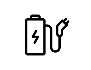 Rechargeable battery with cord and electric charging connector linear black icon. Accumulator charger plug symbol. Electricity equipment power bank charge sign. Vector eps design element