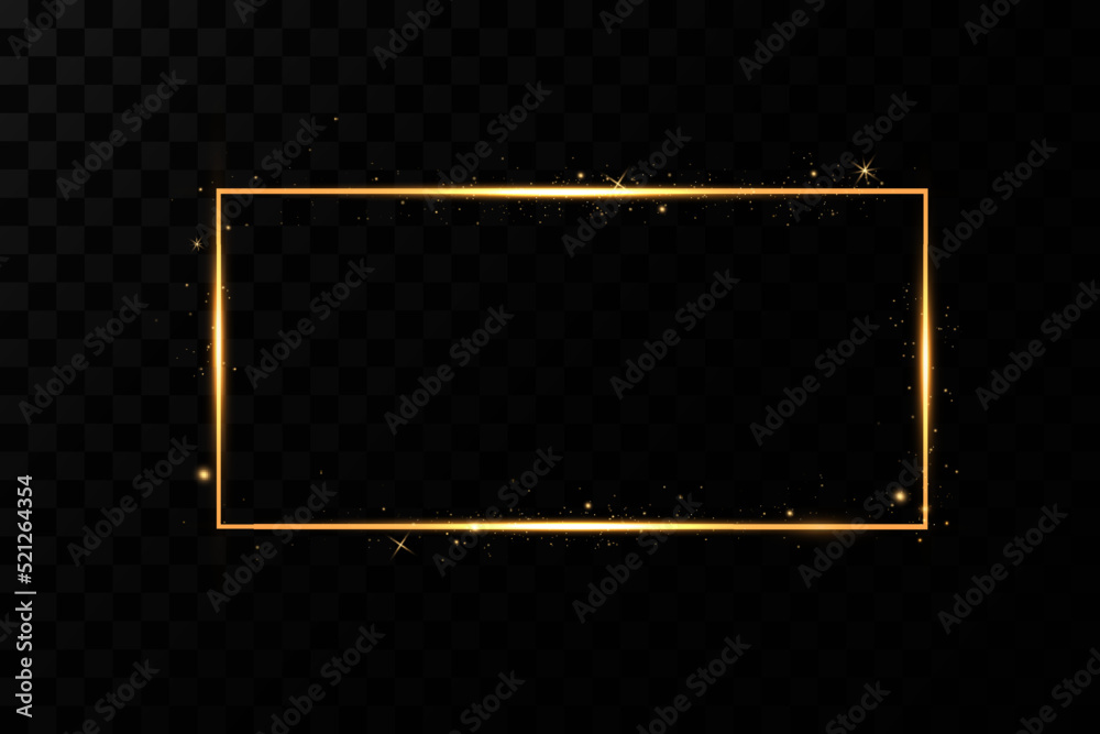 Poster  Golden frame with lights effects. Shining rectangle banner. Isolated on black transparent background. Vector illustration, eps 10