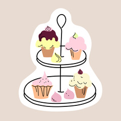 Afternoon tea with cakes, sticker doodle sketch hand drawn vector design.