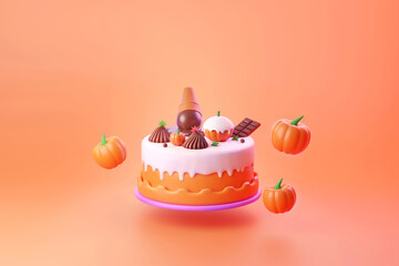 Flying Halloween cake with a dark chocolate bar and pumpkin muffin, cupcake on orange background 3d illustration