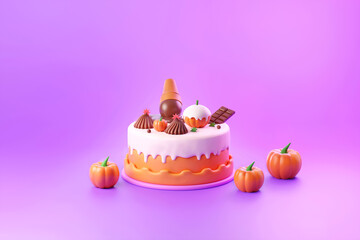 Halloween cake with white icing, pumpkins topping, and dark chocolate bar 3d illustration on purple background