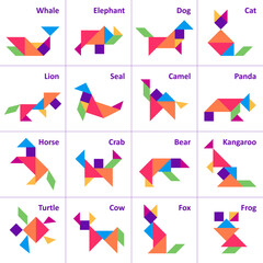 Tangram puzzle for kids. Set of tangram animals.