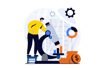 Data science concept with people scene in flat cartoon design. Scientist looking through microscope, studying data and working with statistics in laboratory. Illustration visual story for web