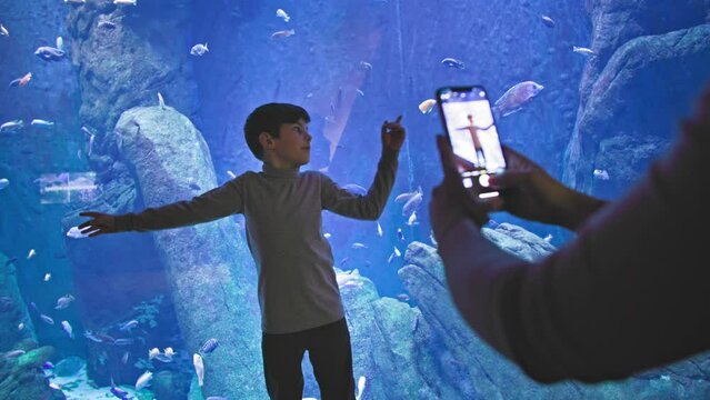marine life, a female parent takes a picture of her sons on a smartphone in front of a large aquarium with a variety of fish in the oceanarium