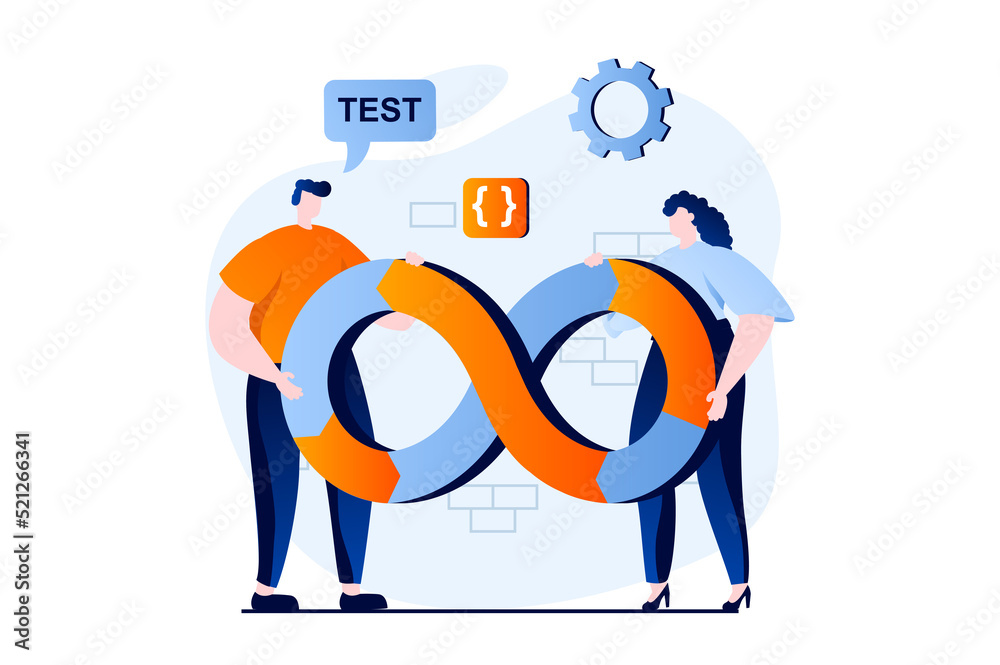 Aufkleber DevOps concept with people scene in flat cartoon design. Man and woman working together, administer and optimize effective programming work in IT company. Illustration visual story for web