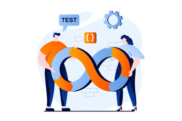 DevOps concept with people scene in flat cartoon design. Man and woman working together, administer and optimize effective programming work in IT company. Illustration visual story for web