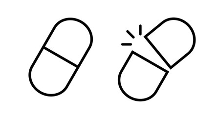 Unopened medical capsule and open medical capsule icon set. Vector.