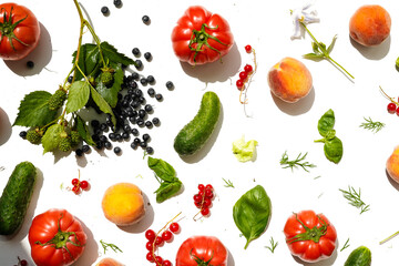 Pattern of vegetables and fruits on a white background in daylight. 