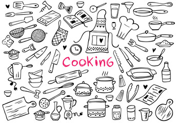 Set of doodle kitchen tools on white background. Doodle kitchen equipments. Vector illustration. Can be used for wallpaper, pattern fills, textile, web page background, surface textures.