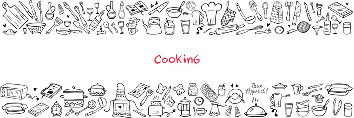 Banner - Set of doodle kitchen tools on white background. Doodle kitchen equipments. Vector illustration. Can be used for wallpaper, pattern fills, textile, web page background, surface textures.