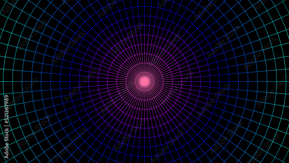 Poster Geometric grid background with neon colored 80s styled mesh. Synthwave or retrowave abstract background with retro computer grid.