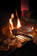 Flame grill BBQ steak meat on charcoal fire stove in dark tone high contrast close up