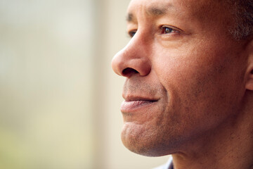 Head And Shoulders Portrait Of Mature Man Or Businessman Standing By Window In Office Or At Home