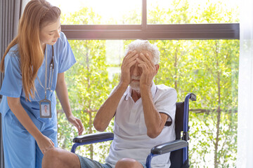 elderly senior man sick and sad cry with mental problem nurse support. Mental illness from health...
