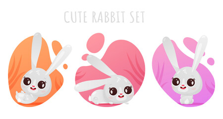 Set of cute gray rabbit in different poses, symbol of new 2023 year on colored spot on white background. Vector illustration for postcard, banner, web, stickers, design, arts, calendar.