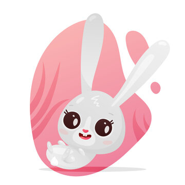 Cute gray bunny, hare, rabbit lying in the grass with big eyes, ears, symbol of new 2023 year on red spot, white background. Vector illustration for postcard, banner, web, design, arts, calendar.