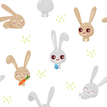 Pattern with cute gray and brown bunny, hare, rabbit with big eyes, ears, grass, carrot, egg, symbol of new 2023 year on white. Vector illustration for postcard, banner, web, design, arts, calendar.
