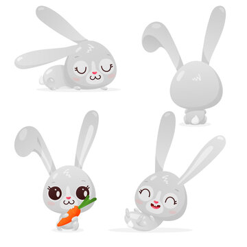 Set of cute gray rabbit in different poses, symbol of new 2023 year on colored spot on white background. Vector illustration for postcard, banner, web, sticker, design, arts, calendar.
