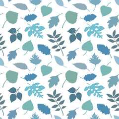 Vector fall leaves pattern in blue colors. Blue autumn leaves background. Seamless seasonal pattern.