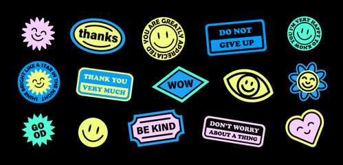 Trendy Patches Vector Design. Cool abstract background with smiley stickers, flowers and motivational quotes. Good Vibes, wow, be kind, don't worry Smile Badges.	
 - obrazy, fototapety, plakaty