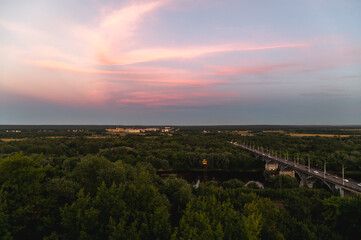 View of the sunset over the Klyazma River and endless forests. Typical Russian landscape.