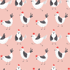 Seamless pattern with funny chickens. Vector animal background.