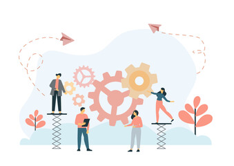 Fototapeta premium Flat Banner Inscription Team Building Cartoon. Men Spin Gear in General Mechanism. People Look at Work Others. Corporate Culture is Embedded in Management Company. Vector Illustration. 