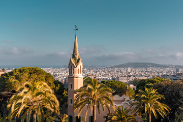 Barcelona, Spain - April 19 2022: Park Guell created by Antoni Gaudi. Beautiful colorful...